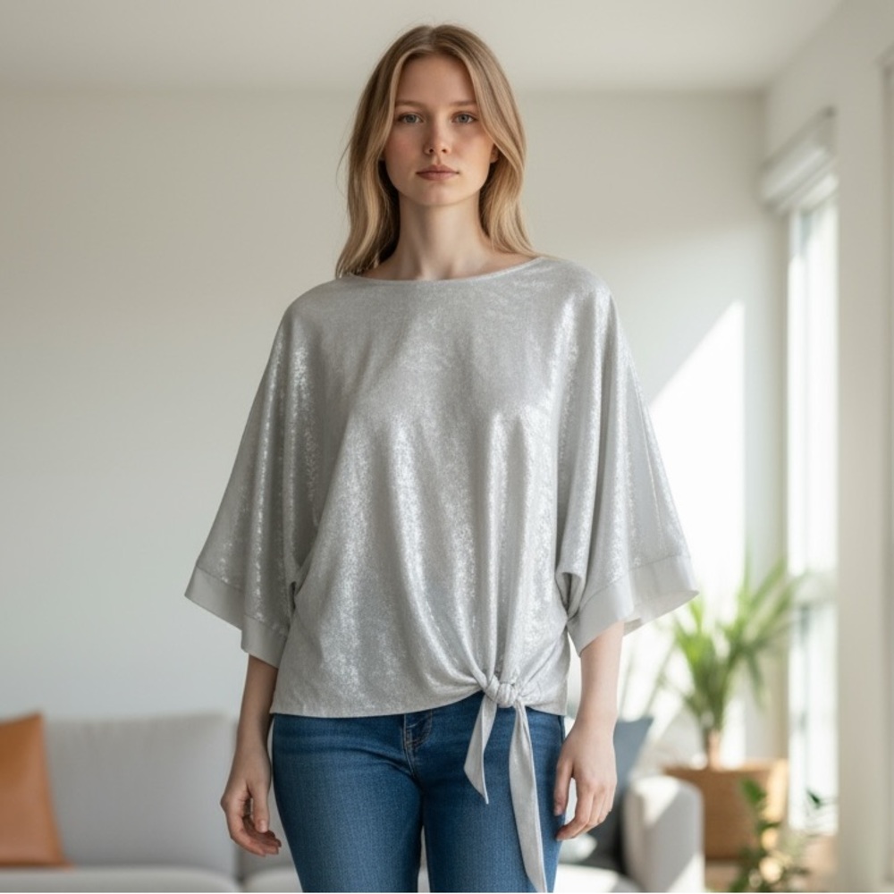 Lola & Sophie New York Silver Metallic relaxed kimono blouse silver Y2K‎ sz S